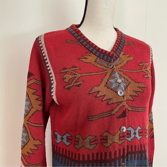 Peruvian Connection Red Patterned Pima Cotton Cardigan - Picture 3 of 6